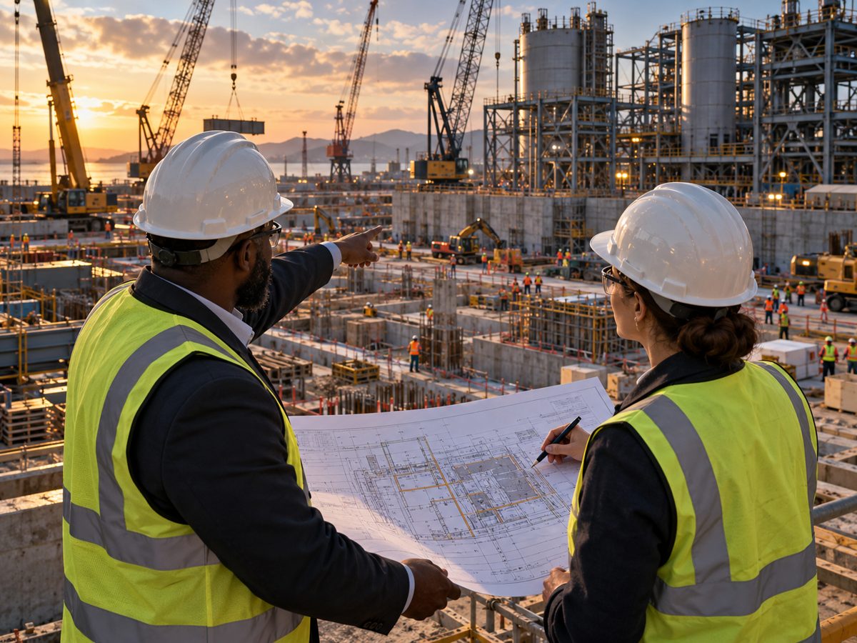 Finance and project specialists inspect a major infrastructure construction site
