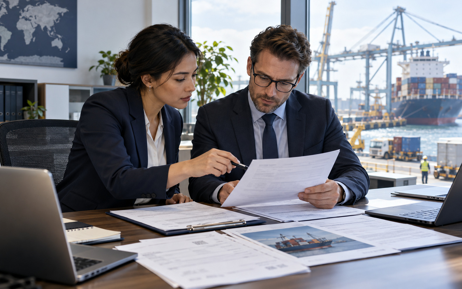Export finance staff check an international supplier payment instruction beside a working seaport