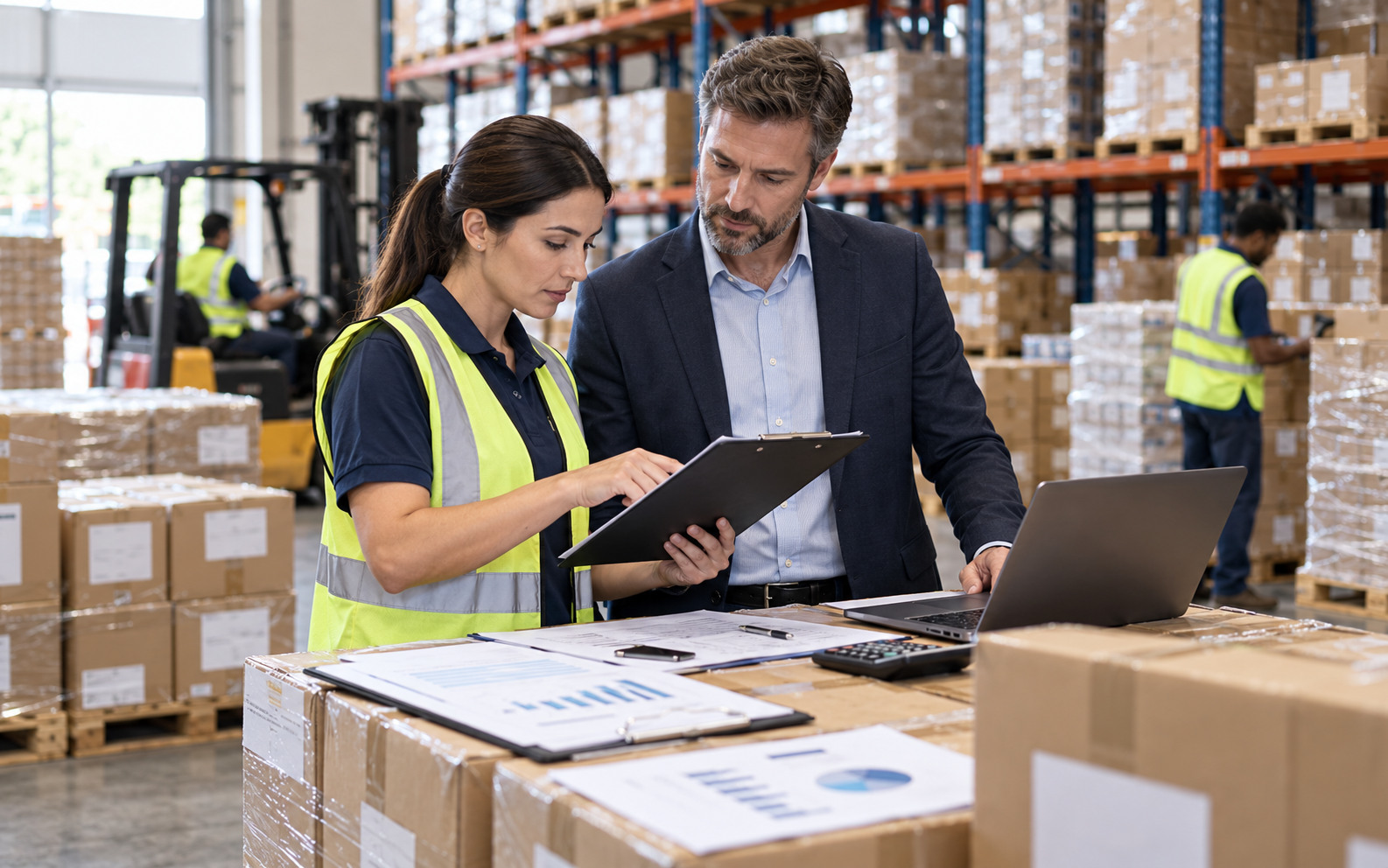 Warehouse and finance managers reconcile stock records against physical inventory
