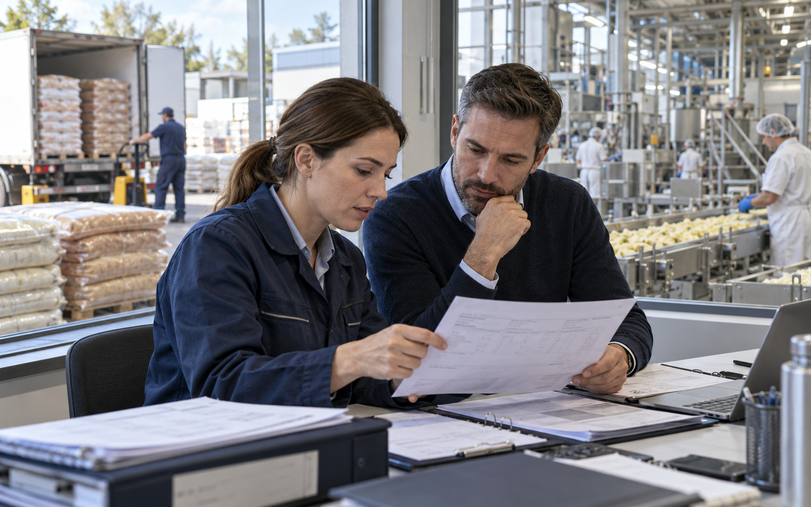 Purchasing and finance managers review supplier invoices beside a food processing line