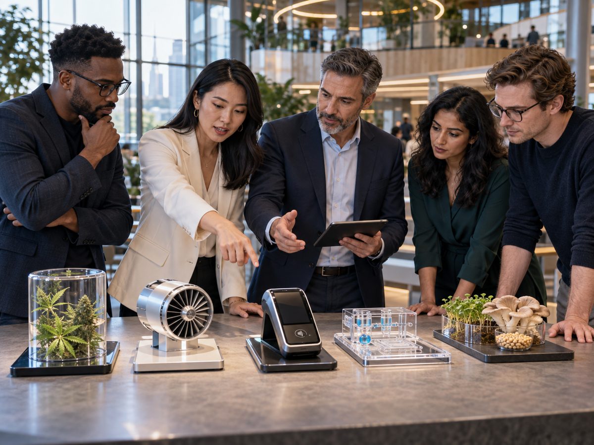 Entrepreneurs and adviser compare prototypes from hemp, clean energy, fintech, biotech, and food innovation