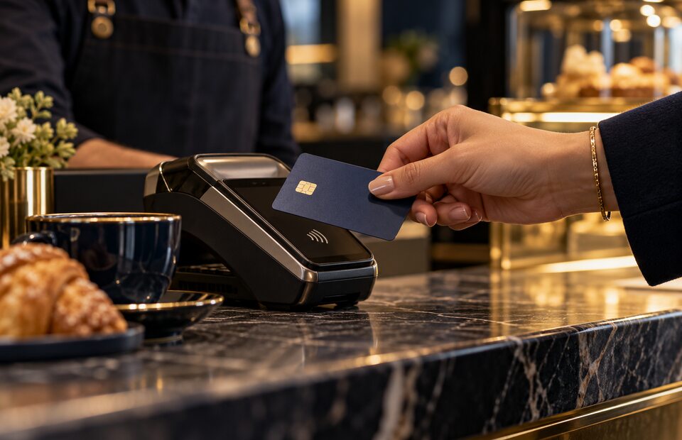 Customer tapping a payment card on a merchant terminal