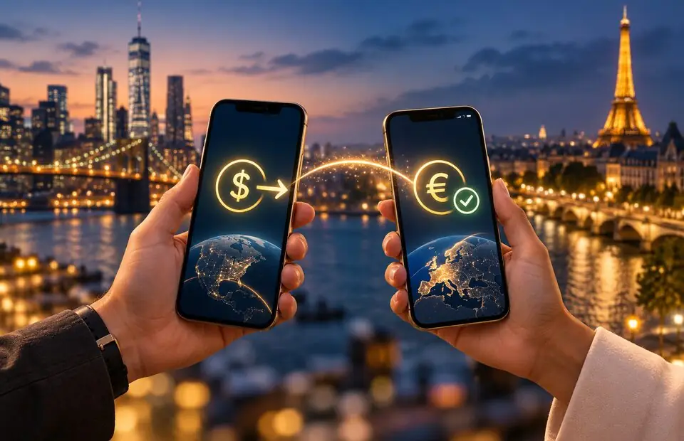 Dollar amount being converted to euros between two devices across borders