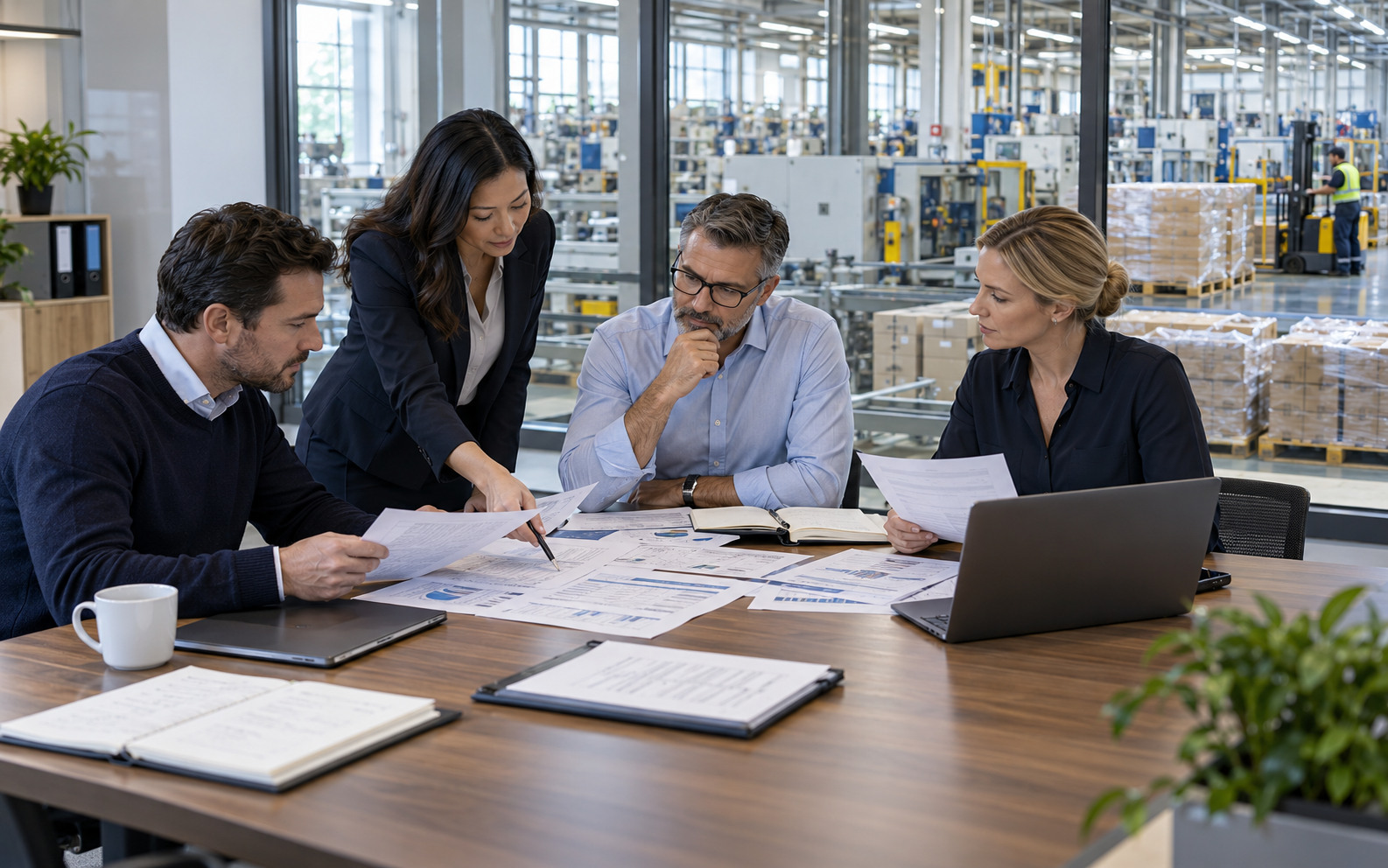 Commercial finance team reviews operating statements beside an active factory floor