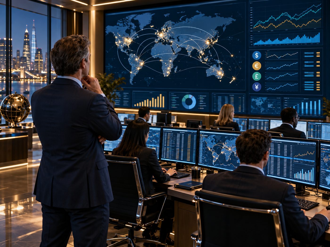Treasury specialists monitoring global cash and payment flows on connected screens