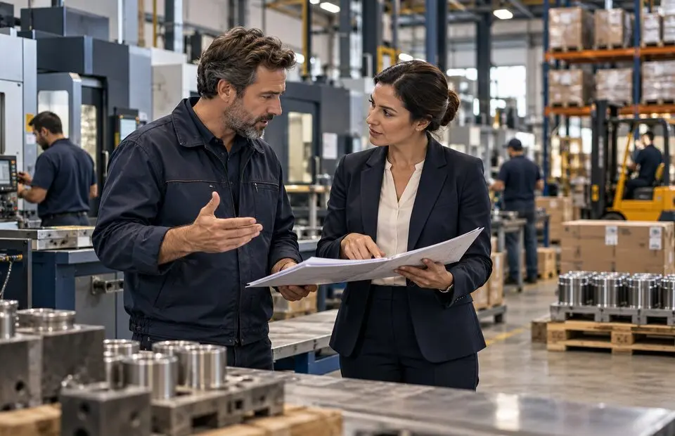 Banker and factory owner discussing business financing