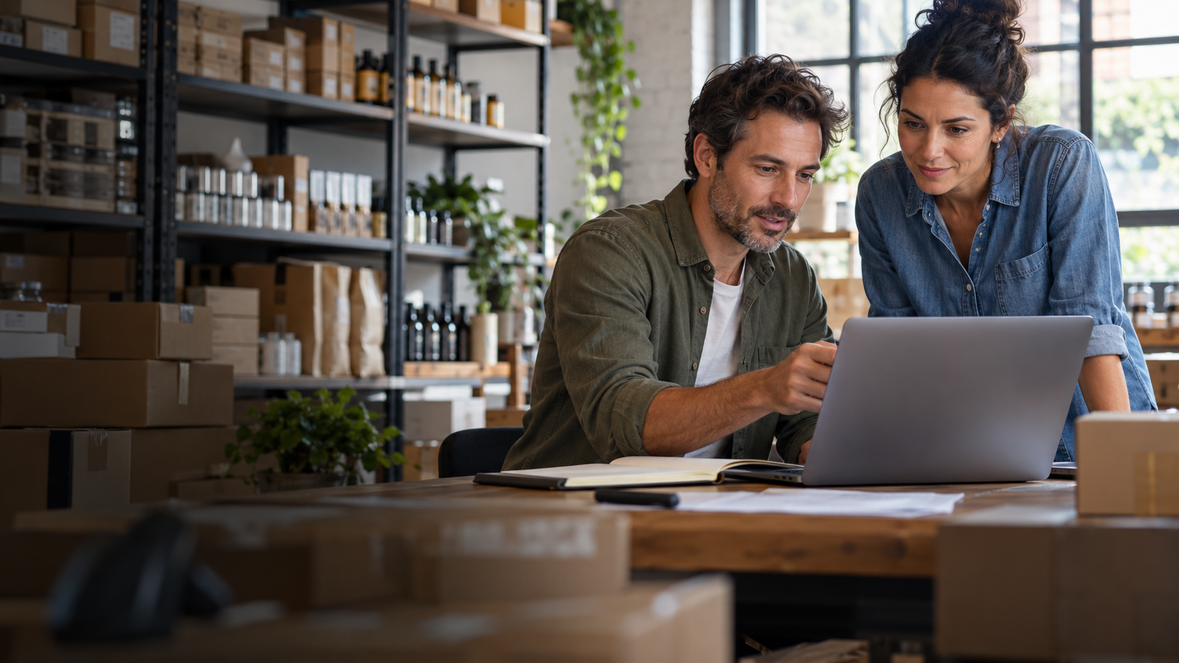 Business owners reviewing orders and banking needs