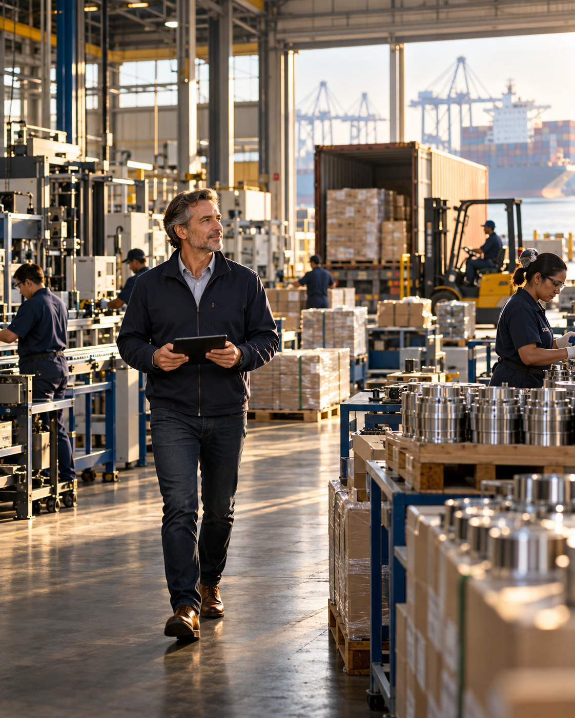 Business owner overseeing production, equipment and prepared shipments