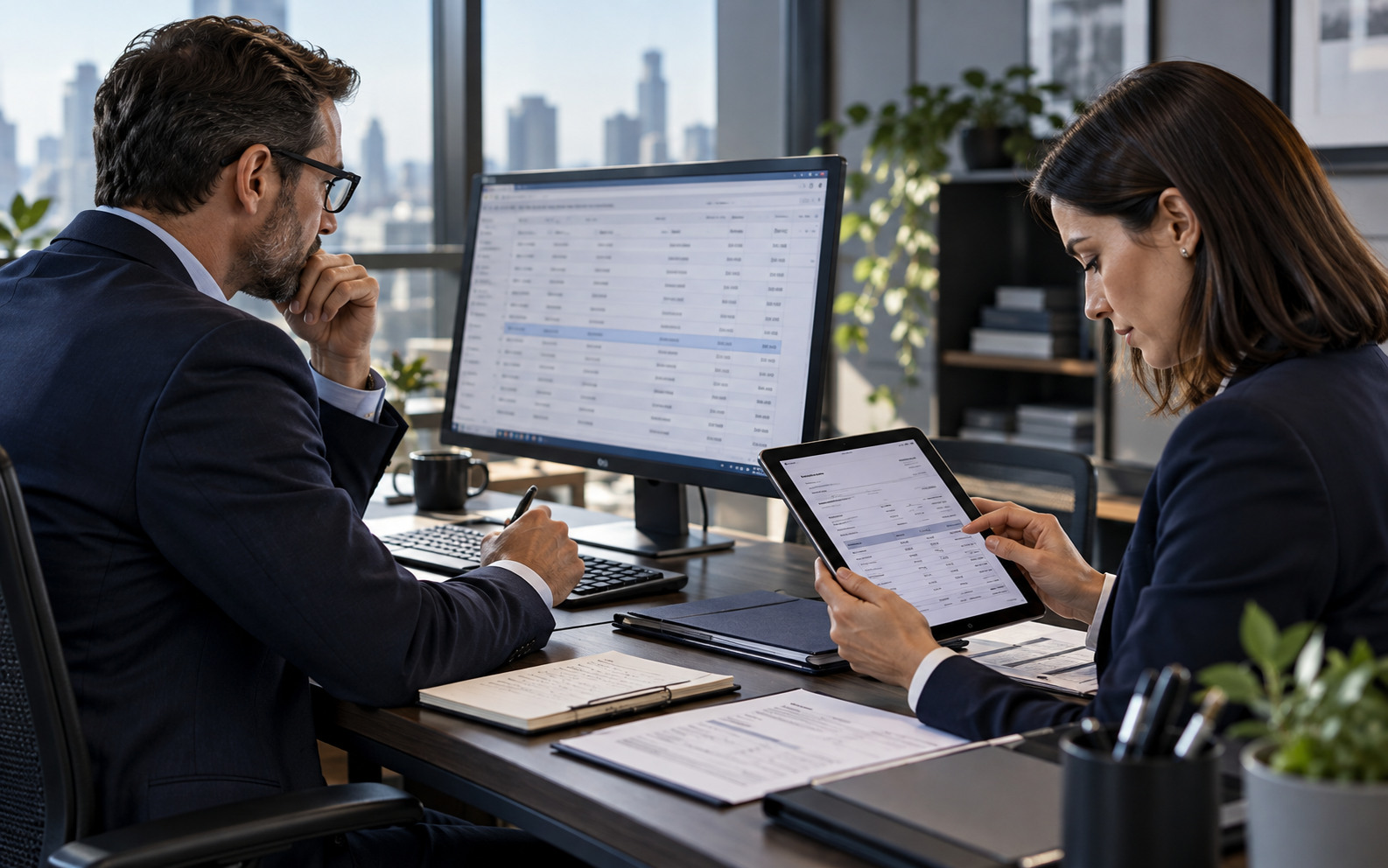Finance colleagues review a supplier payment and supporting invoice on separate devices