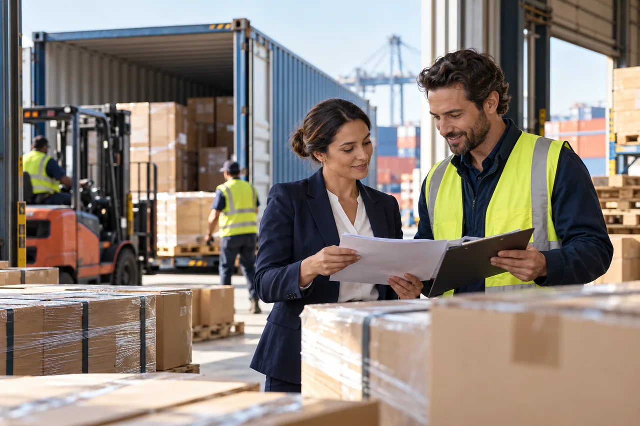 Business owners reviewing goods ready for international trade