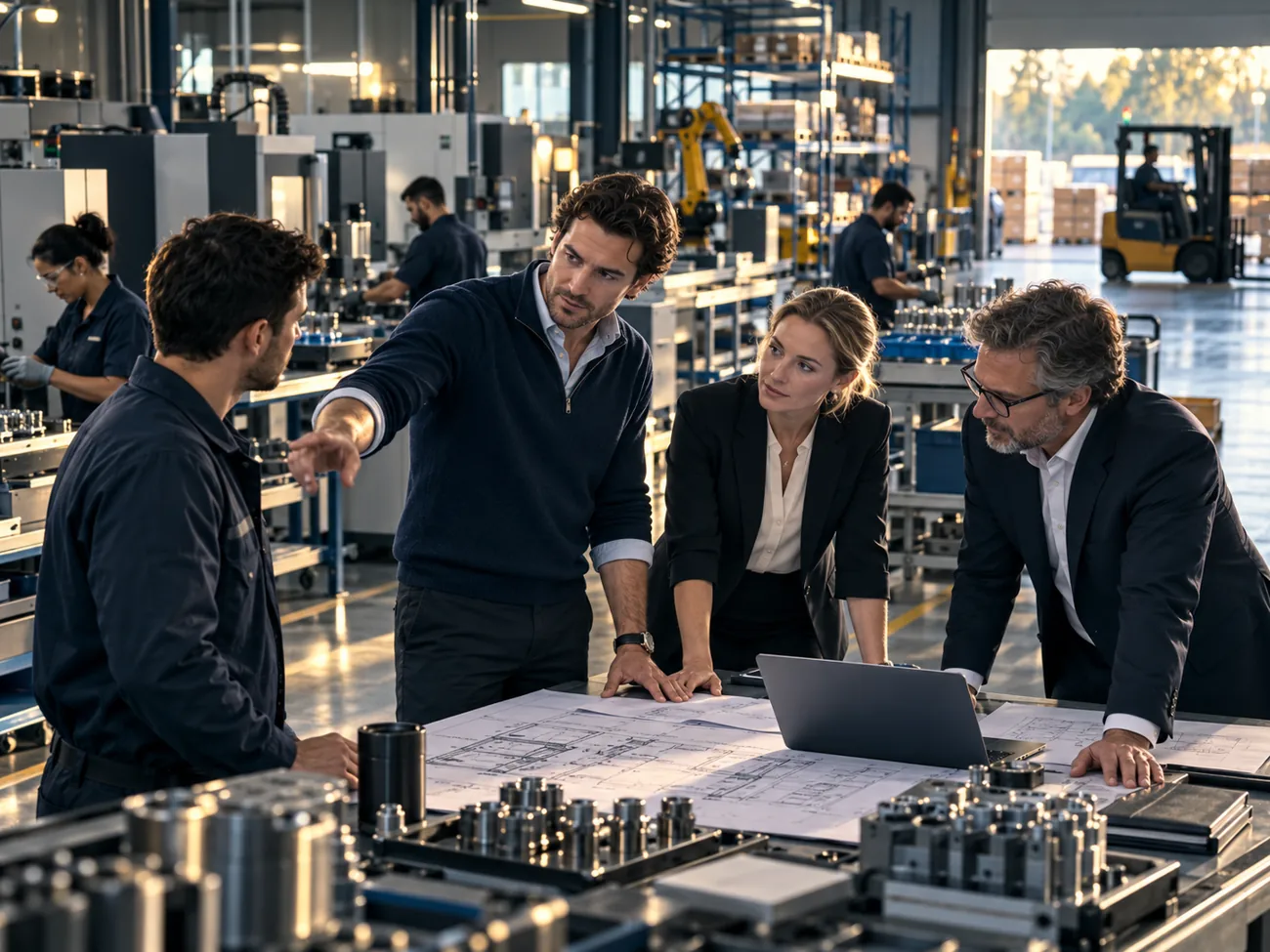 Founder directing scale-up plans on a production floor