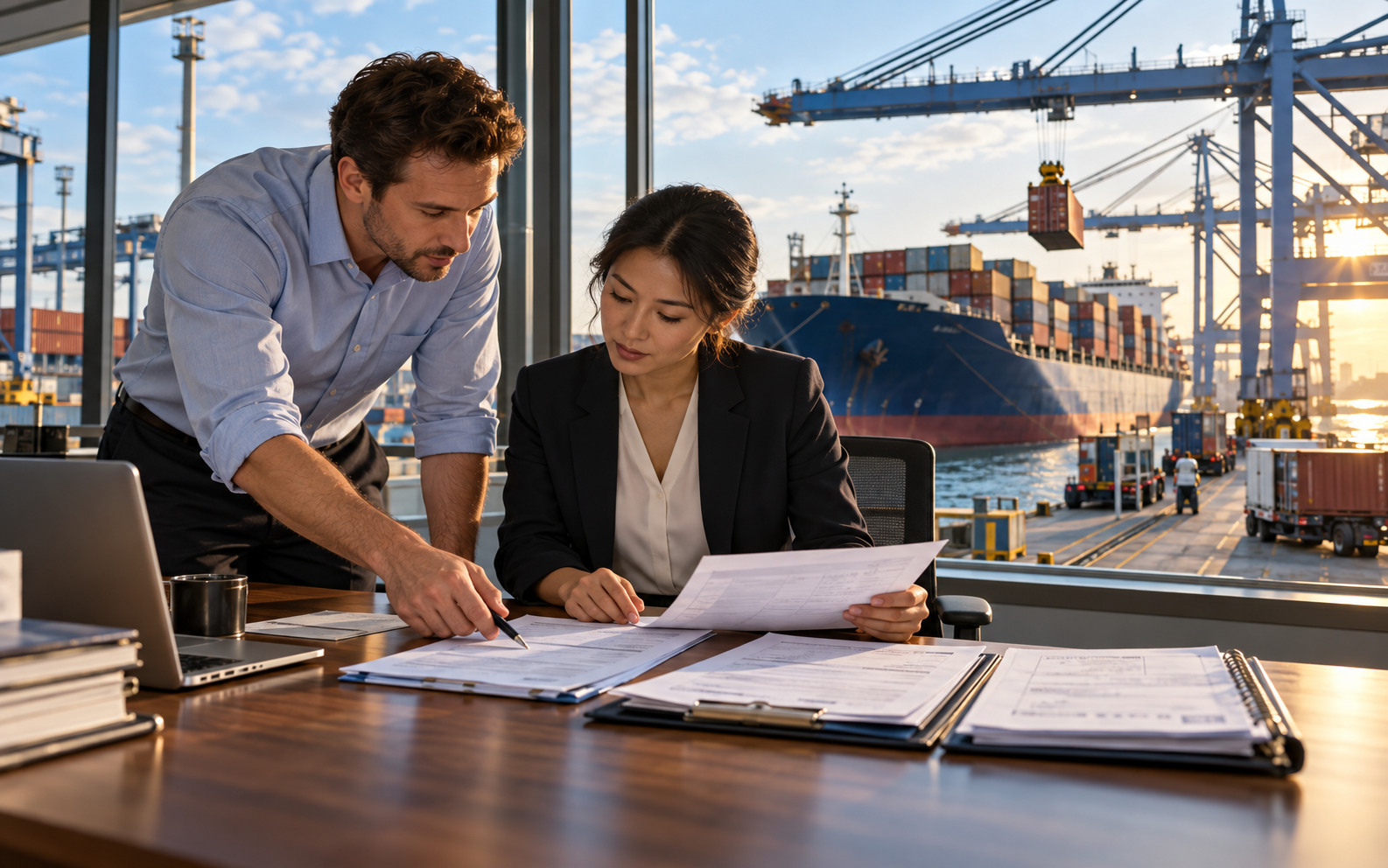 Export team compares shipment documents while cargo is loaded at a container port