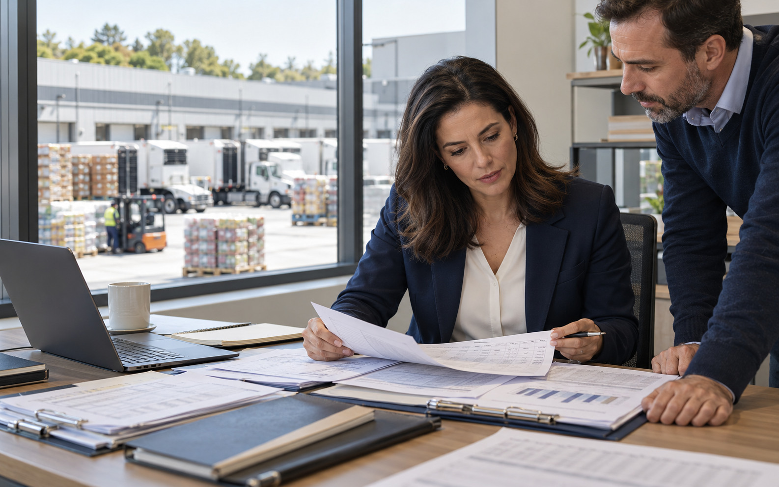 Finance manager examines supplier invoices and cash forecasts at a distribution company