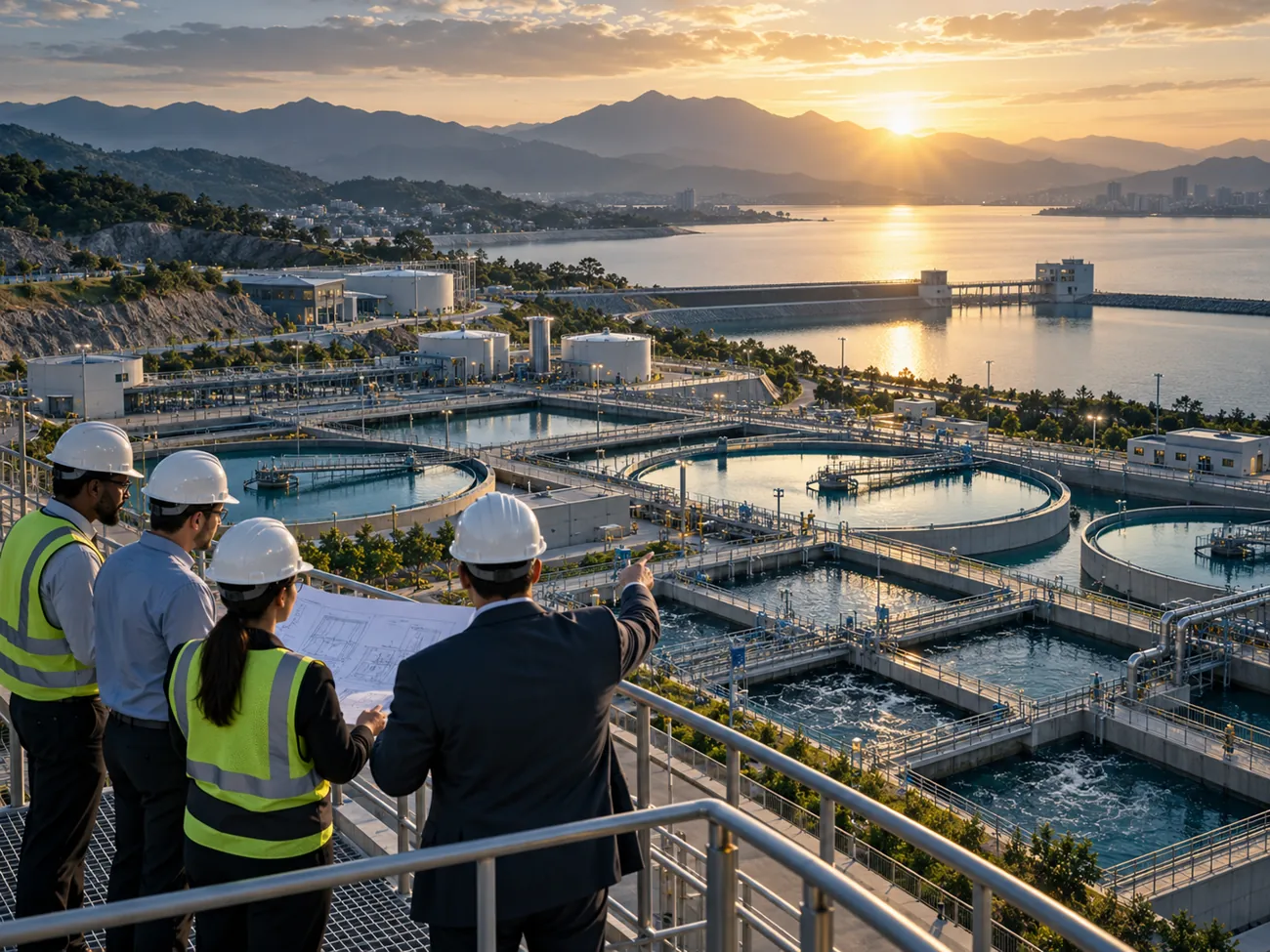 Engineers and financier reviewing a large clean water facility