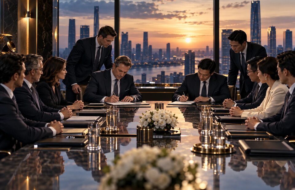 Executives from two businesses completing a strategic transaction