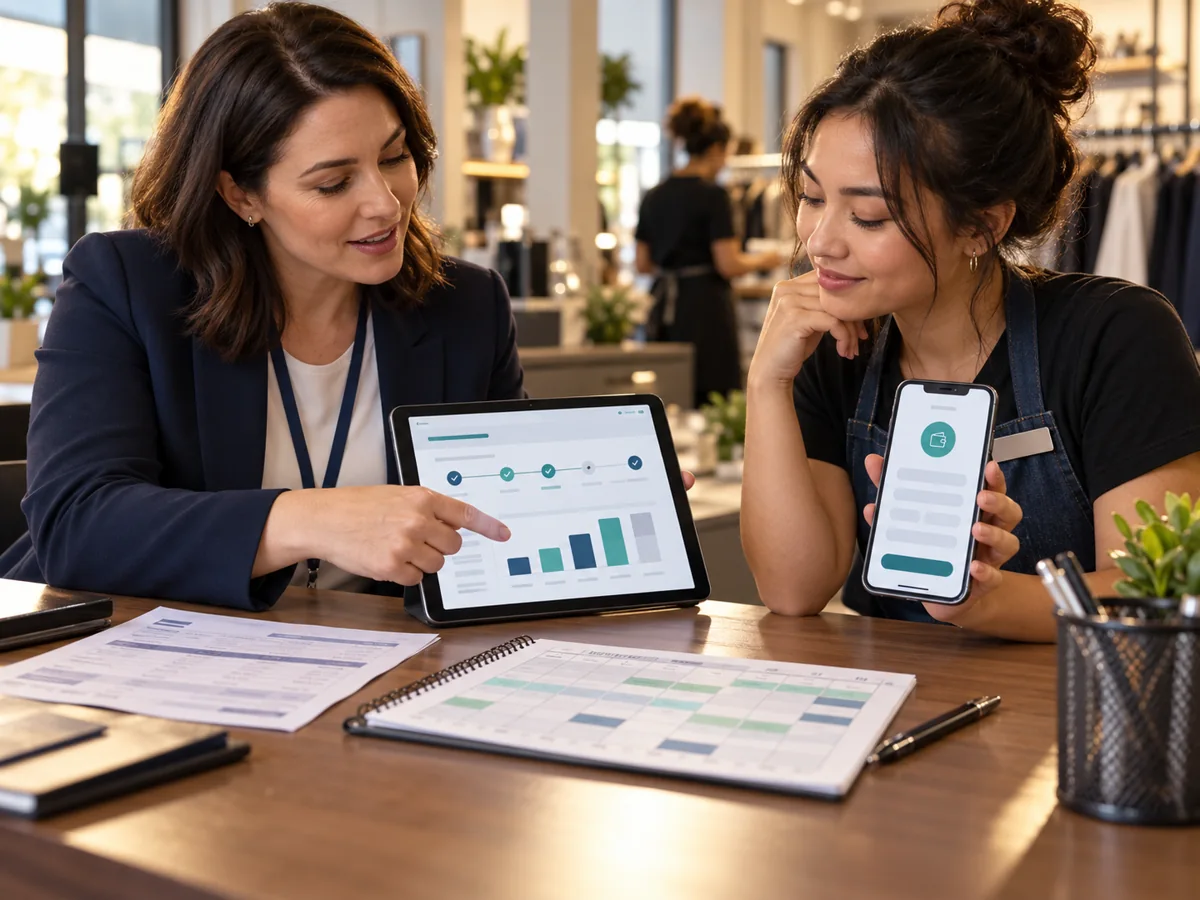 Payroll administrator and employee reviewing an earned wage schedule and mobile cashout request