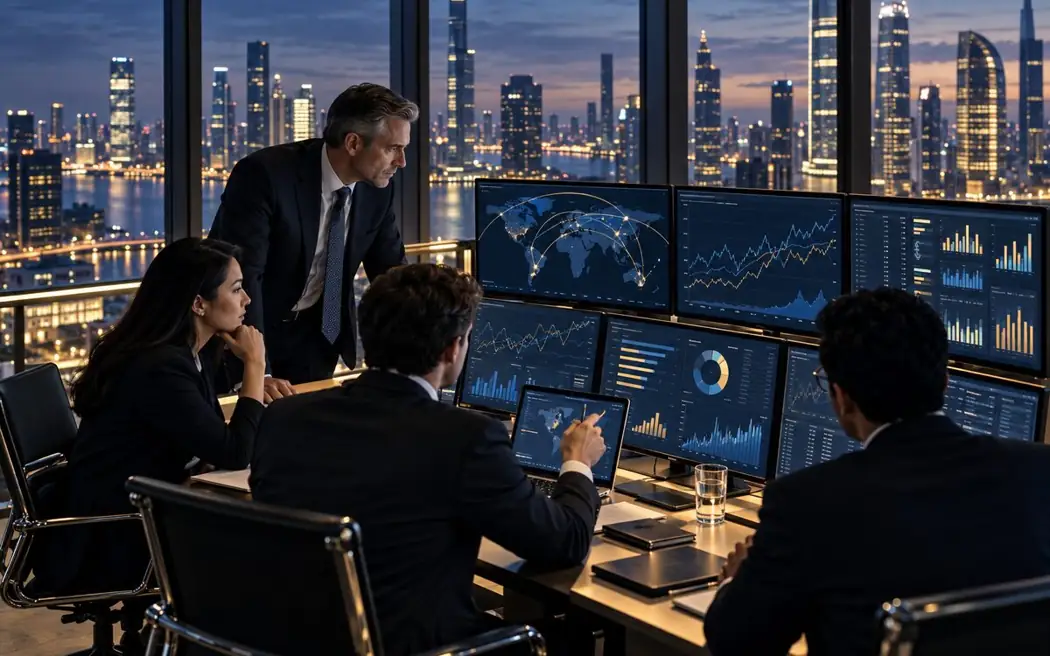 Multinational treasury team monitoring cash flow and foreign exchange