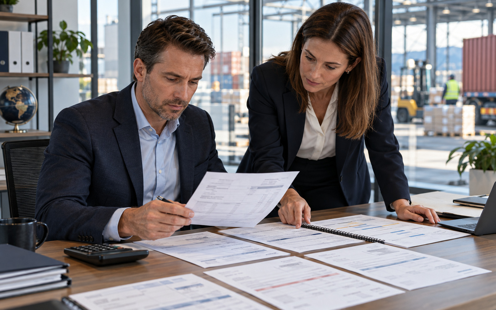 Export finance managers compare invoices and settlement dates in an international warehouse