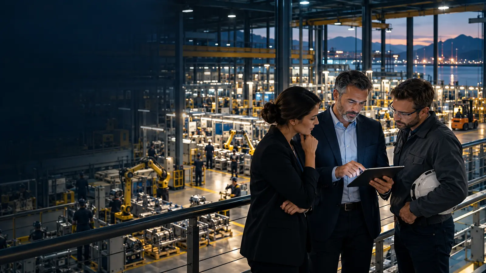 Business owners and banking advisers reviewing a growth plan