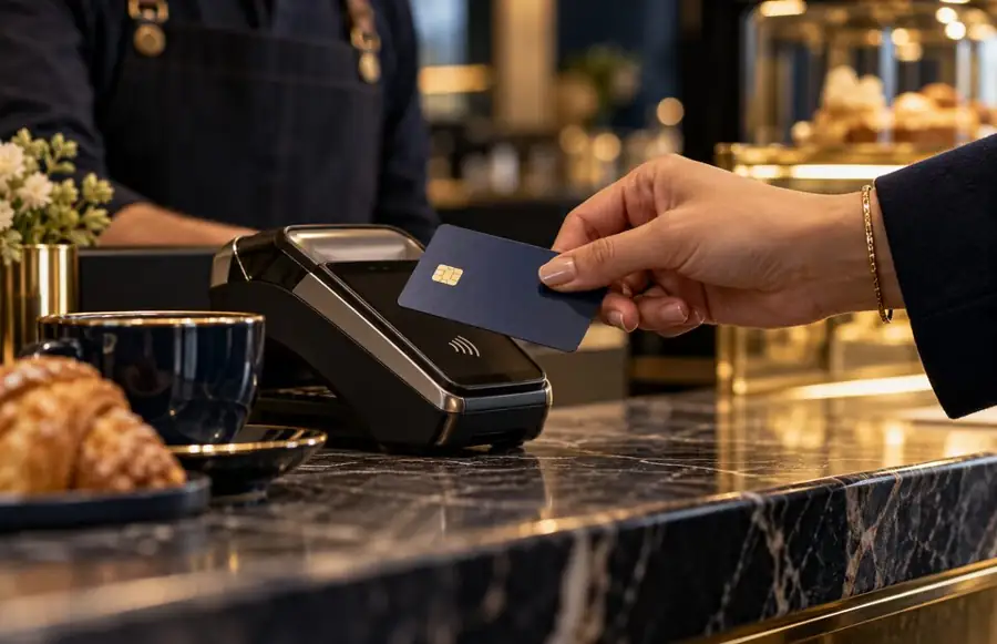 Customer tapping a payment card at a merchant terminal