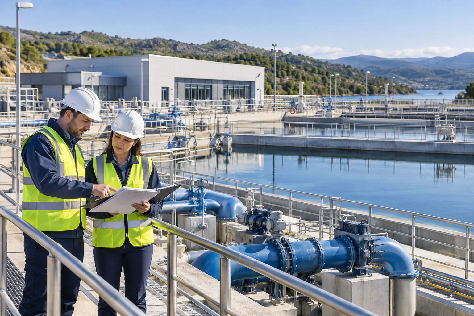 Engineers review a newly commissioned water treatment facility