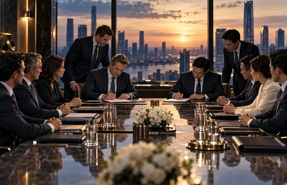 Executives from two companies signing a corporate transaction