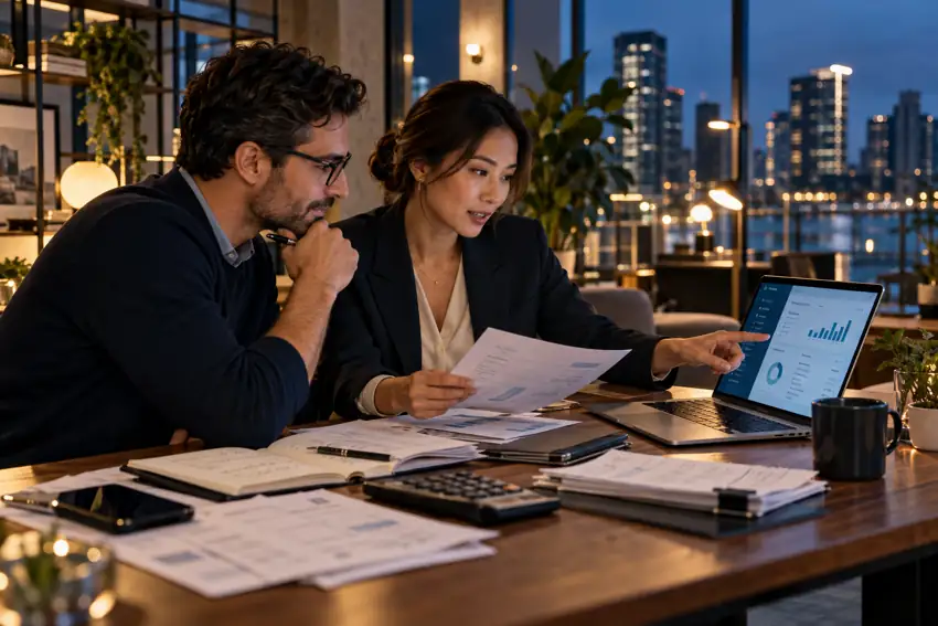 Business owner reviewing a cash-flow dashboard with an adviser