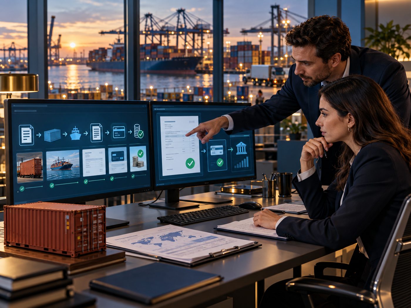 Trade operations and finance team connecting a shipment order, digital invoice and payment