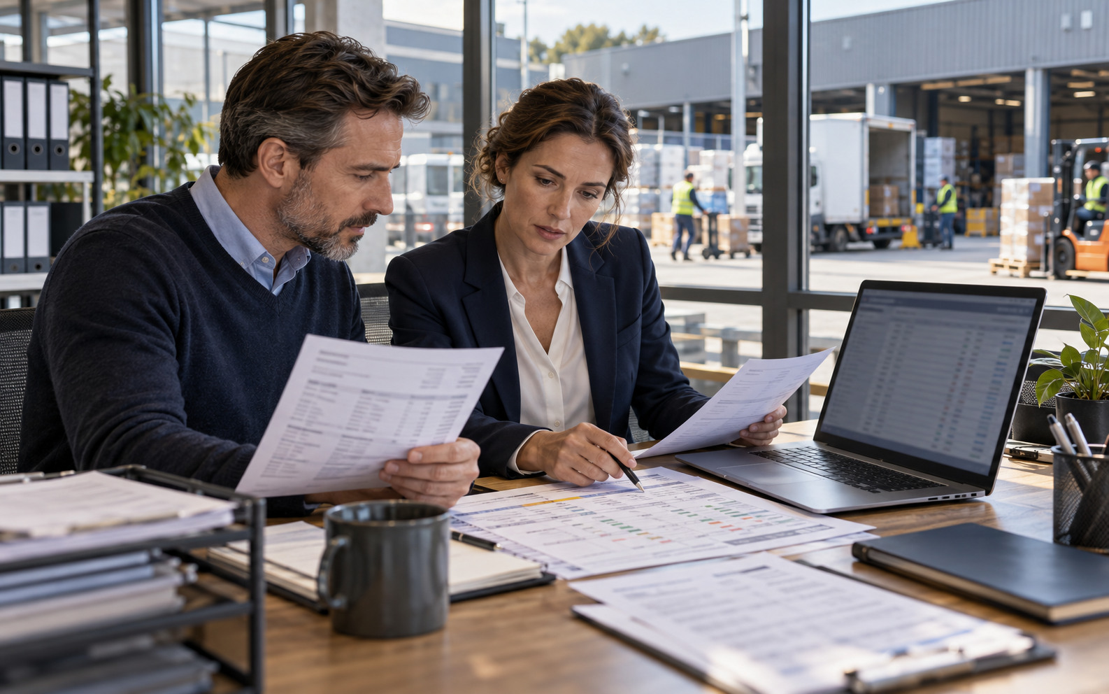 Finance managers reconcile account activity with invoices at a logistics company