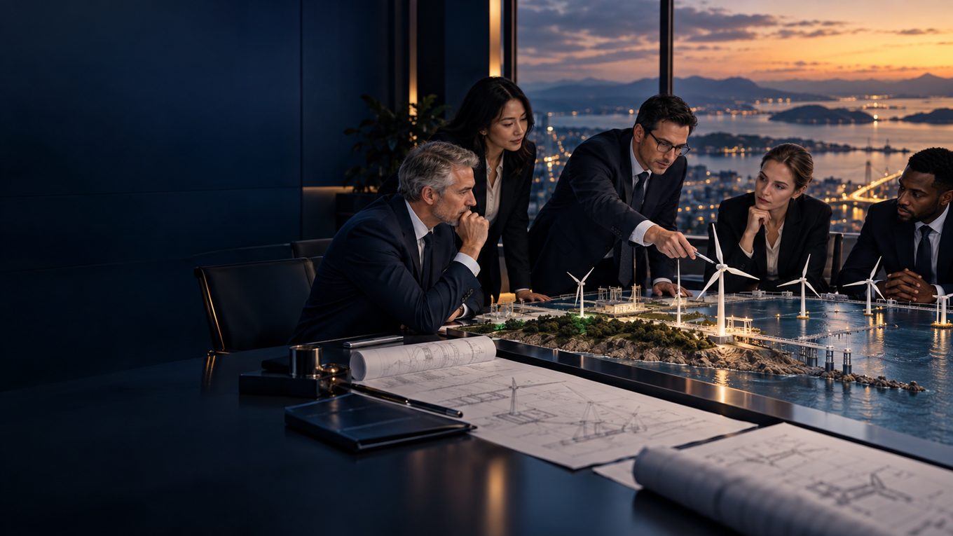 Risk specialists reviewing plans and a scale model of an energy project