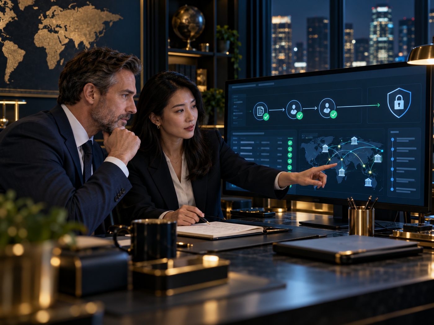 Treasury officers checking a secure payment approval and transaction audit workflow