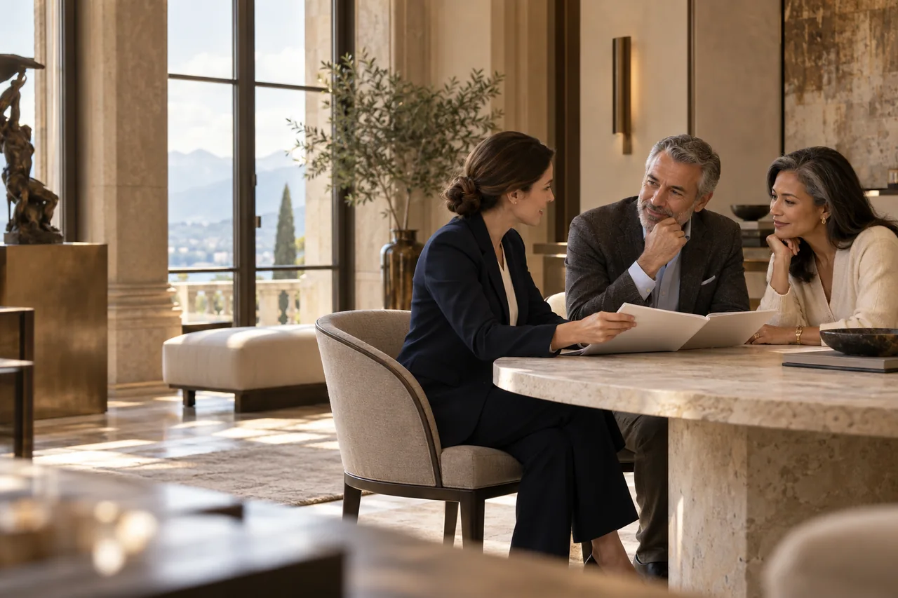 Private banker meeting clients about their financial priorities