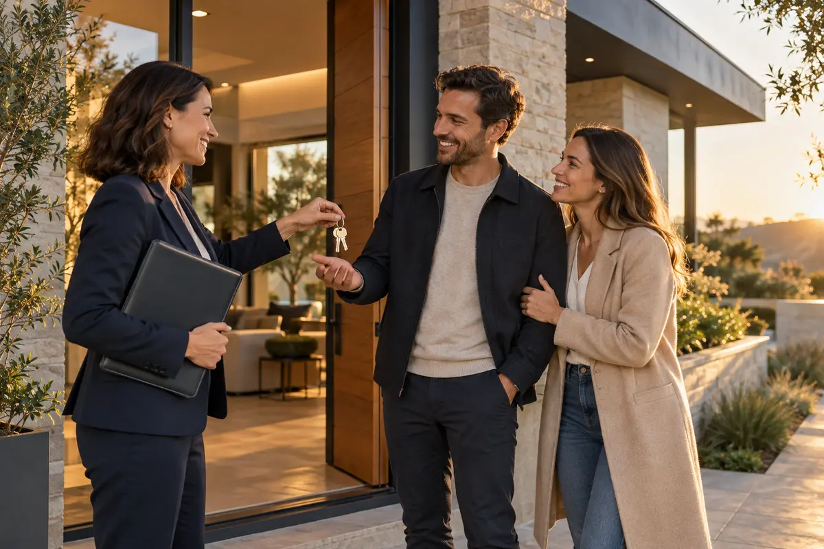 Couple receiving the keys to their new home from a mortgage adviser