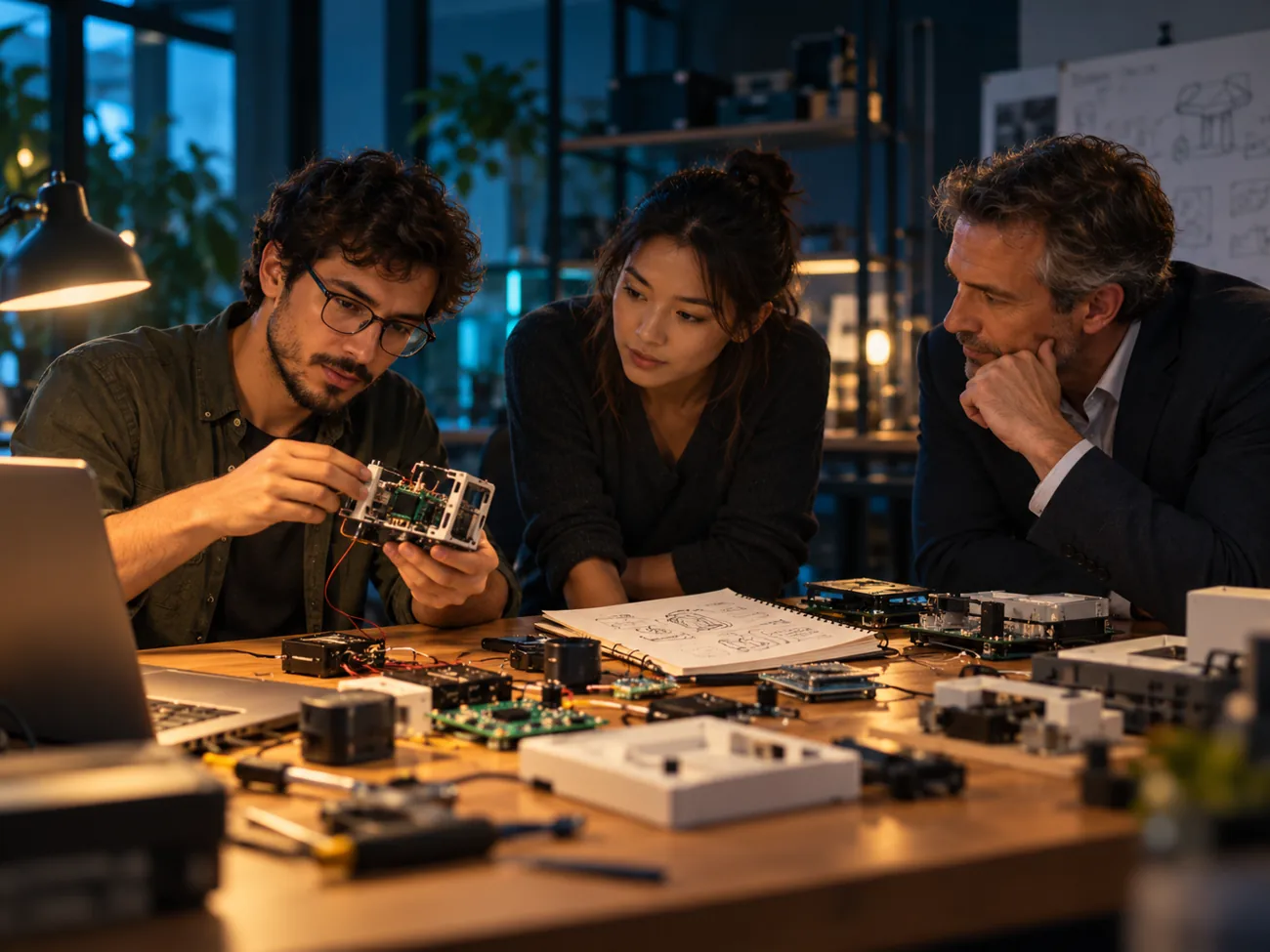 Founders iterating a hardware prototype alongside an adviser