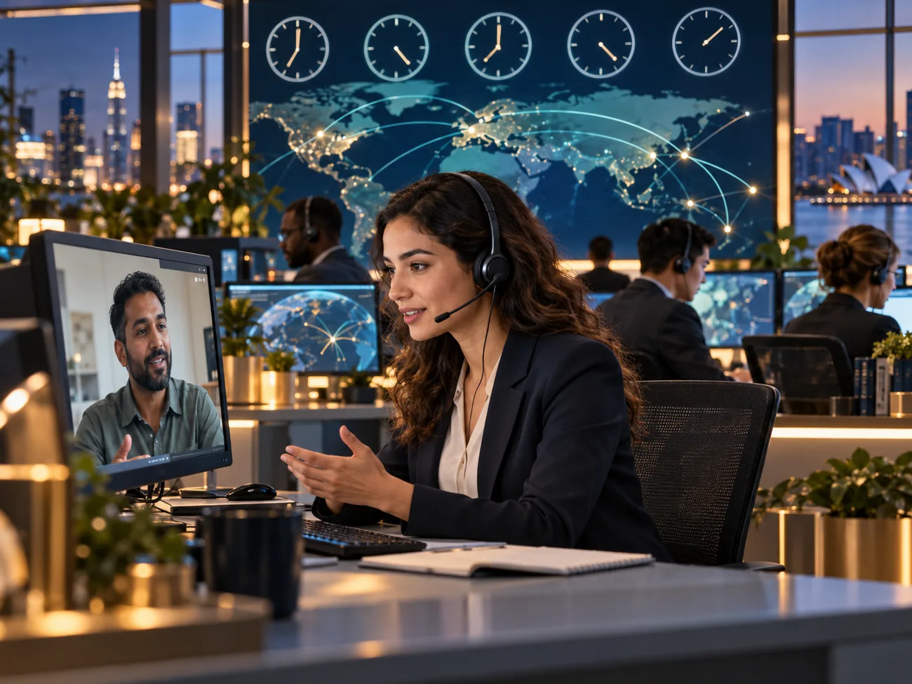 Multilingual support advisor assisting a customer with international transfer questions across time zones