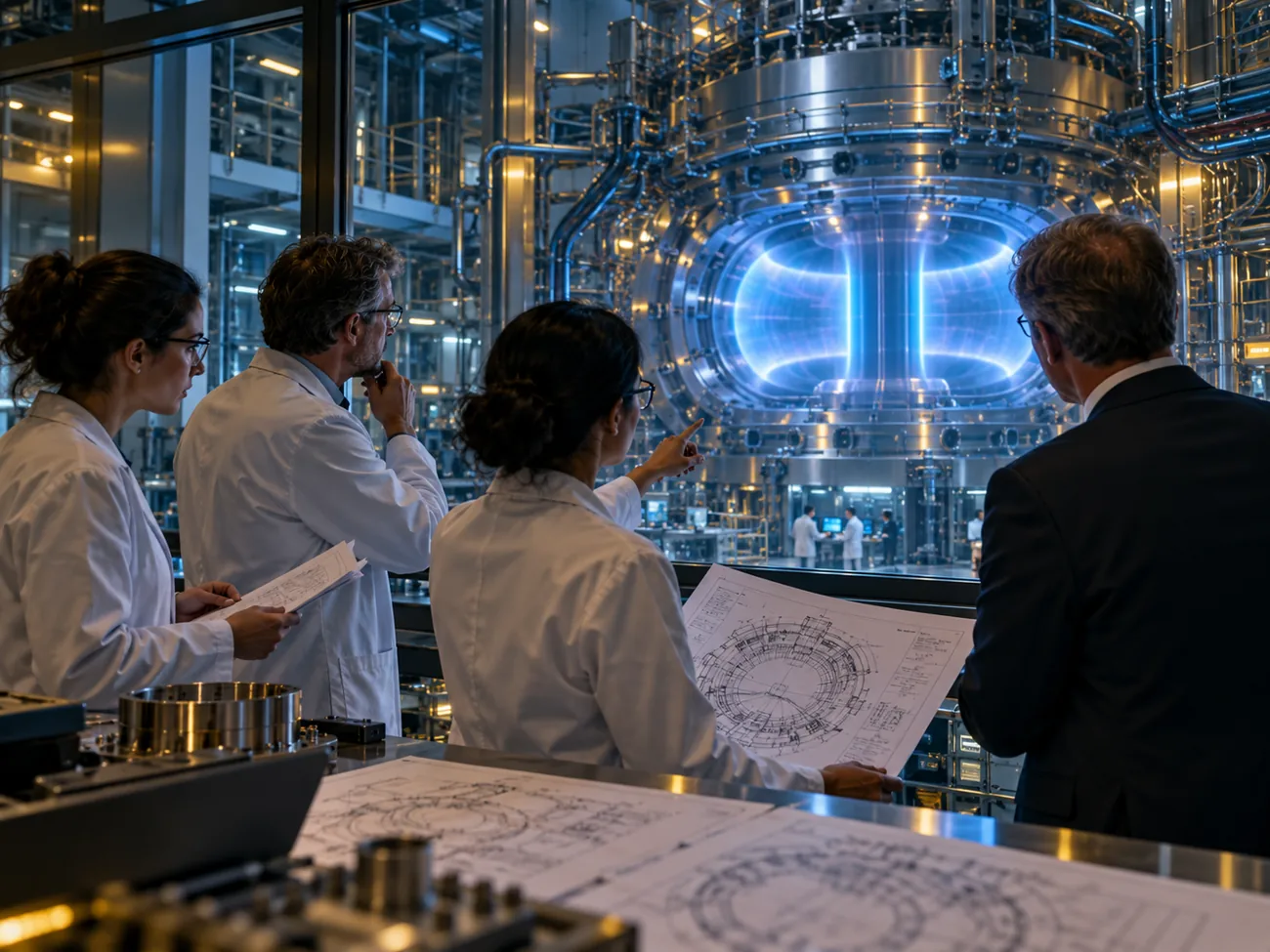Research team and adviser examining a fusion energy prototype