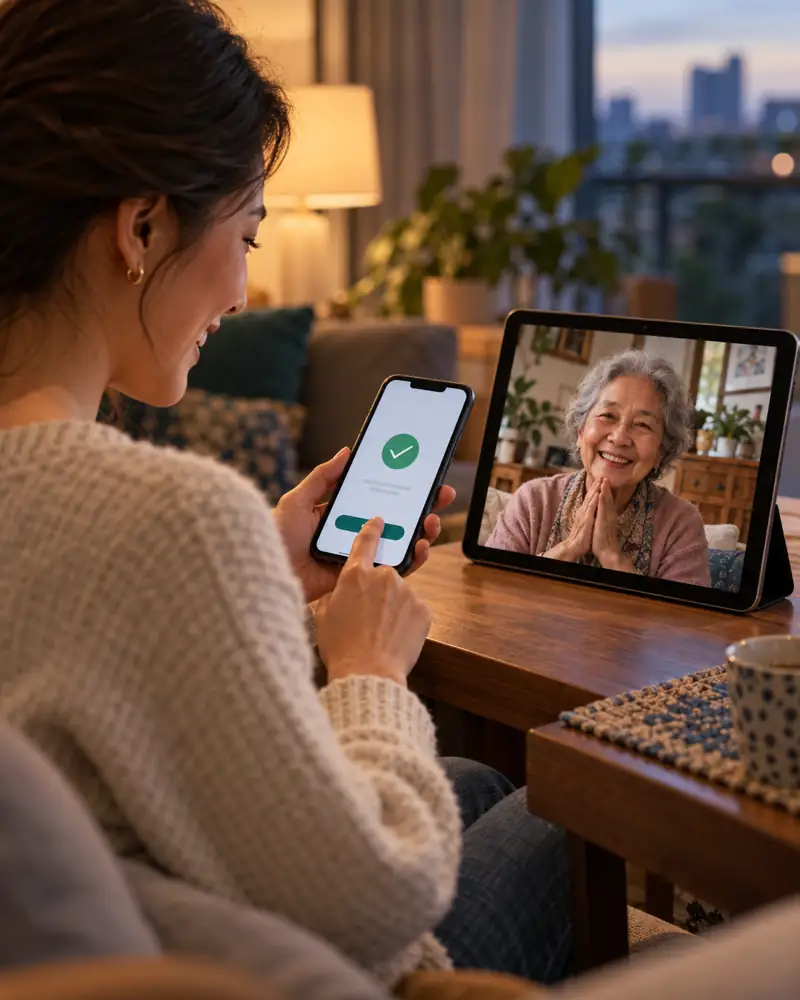 Woman sending a bank transfer to her mother overseas on a phone