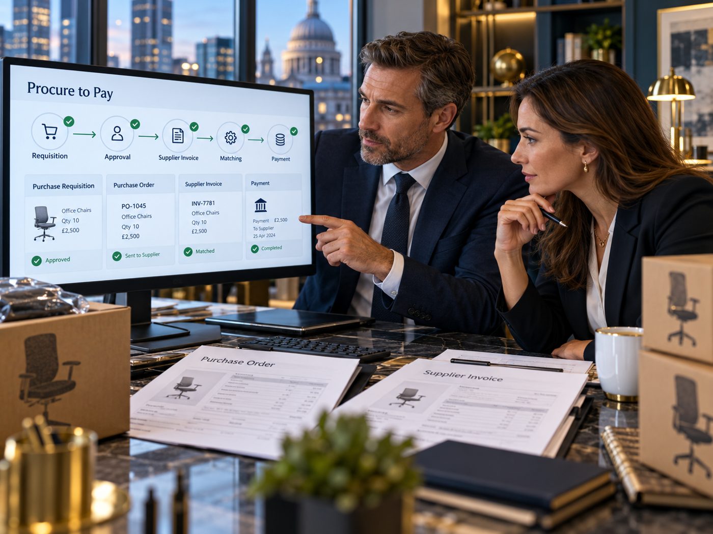 Procurement and accounts payable team handling a digital purchase order and invoice workflow