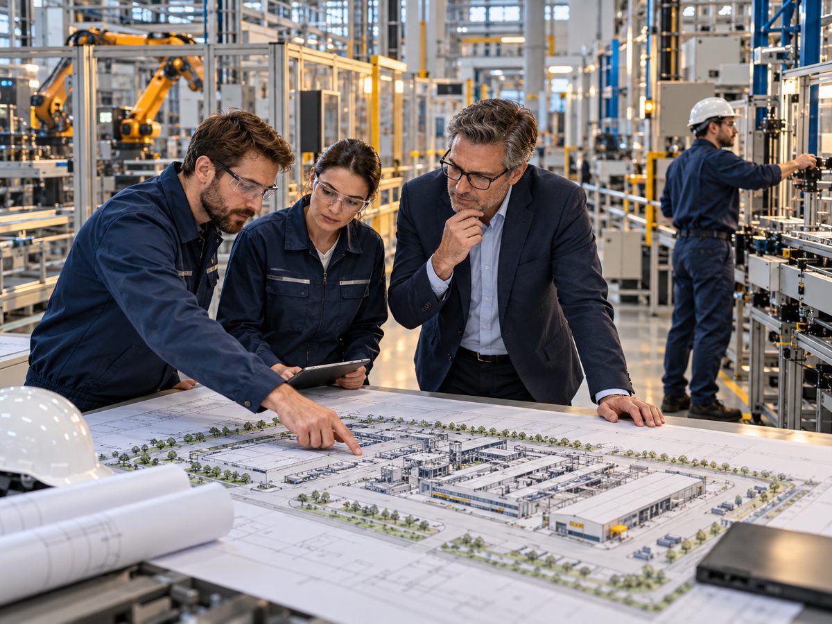 Engineers and adviser assessing production-line equipment and a factory layout