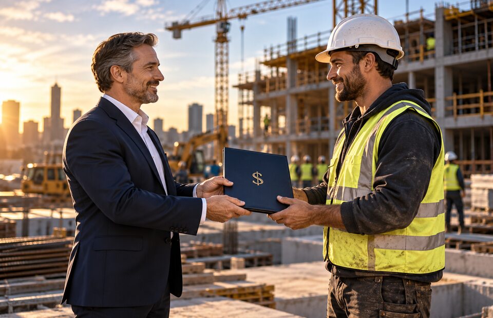 Banker handing a financing folder to a construction entrepreneur