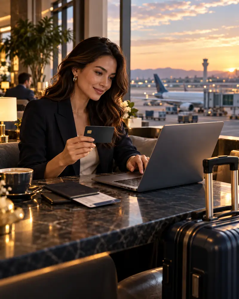 Traveler booking a flight with a card in an airport lounge