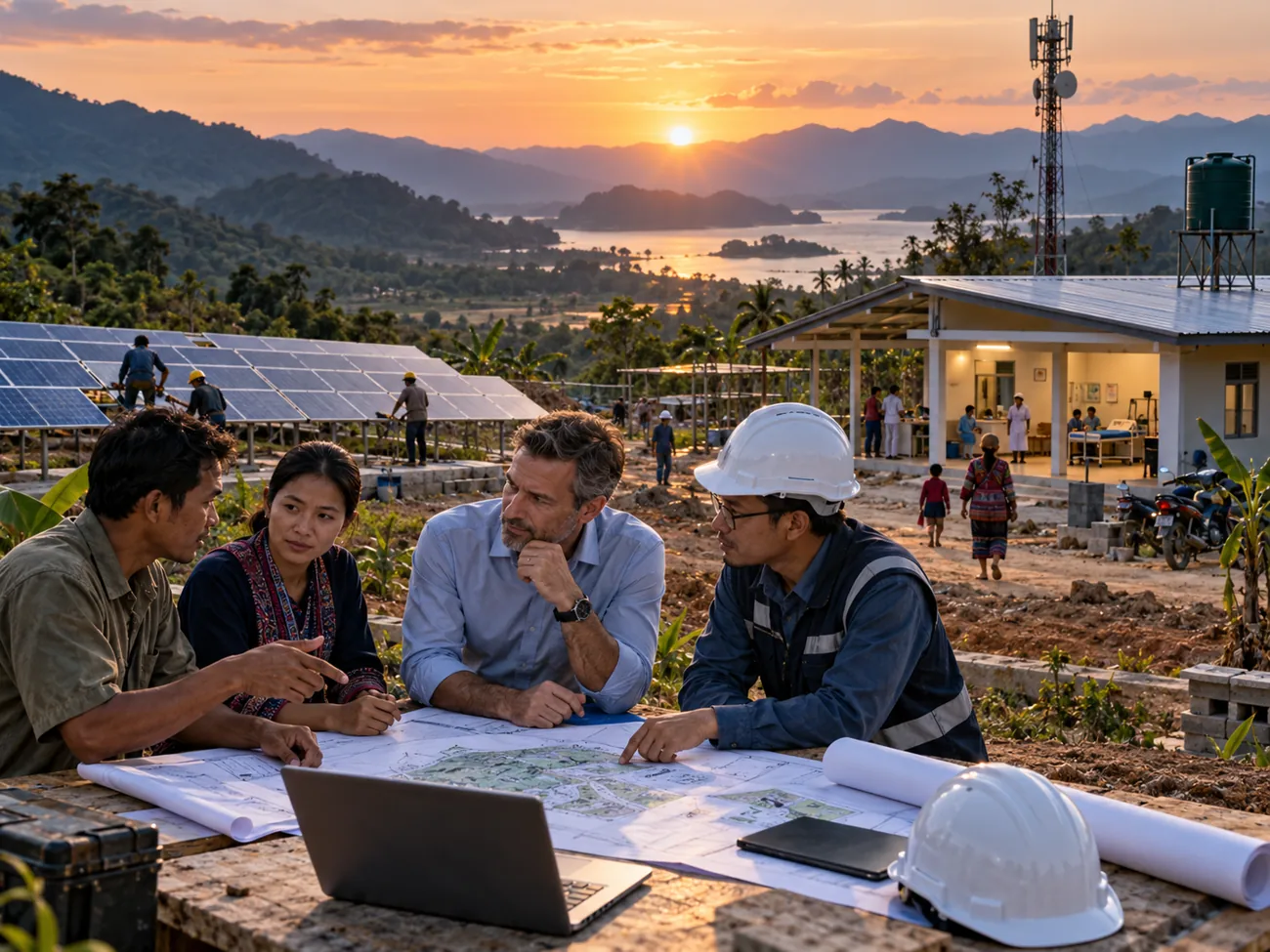 Founders and advisers planning a remote solar health and connectivity hub