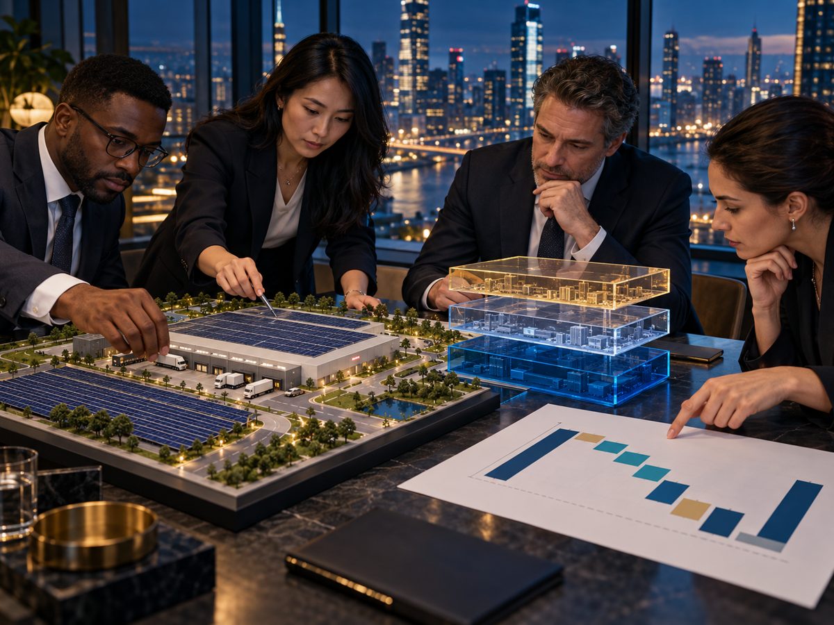 Finance team arranges transparent layers around a project model to show a structured capital stack