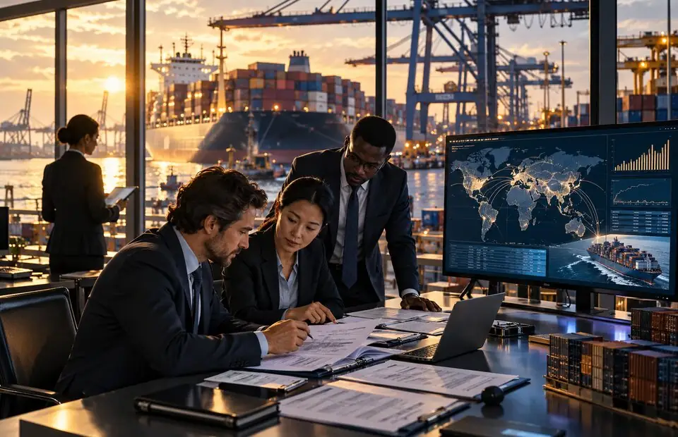 Trade finance team reviewing shipping documents and container logistics