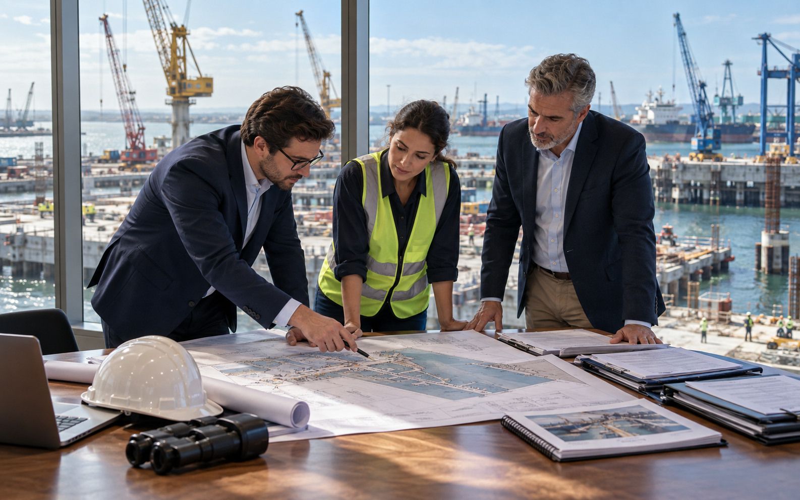Engineer, sponsor and financing analyst inspect port expansion plans and site milestones