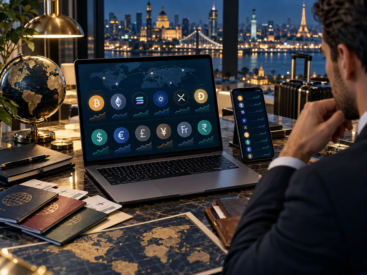 Professional reviewing multiple digital assets and currencies on a laptop and wallet