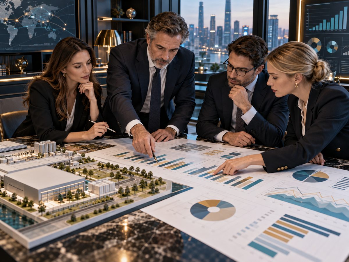 Finance team evaluates scenario charts and cash-flow plans for an infrastructure project