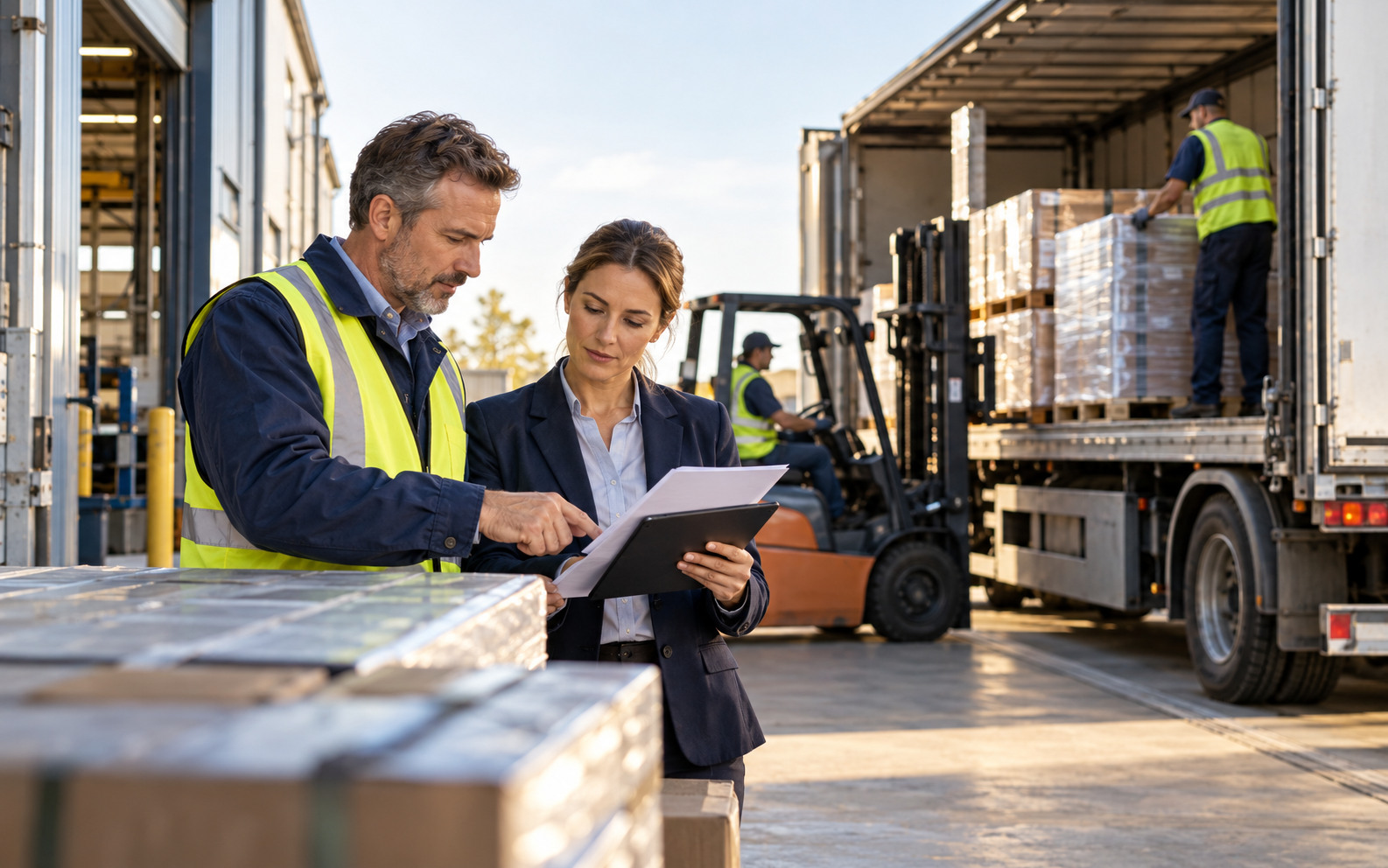 Operations and finance leads review dispatch papers as a customer order is loaded