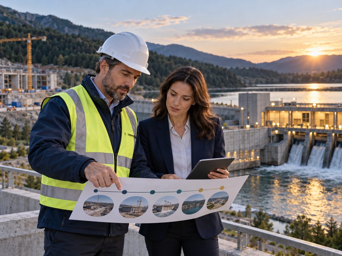 Engineer and finance adviser compare project milestones at a nearly complete renewable asset