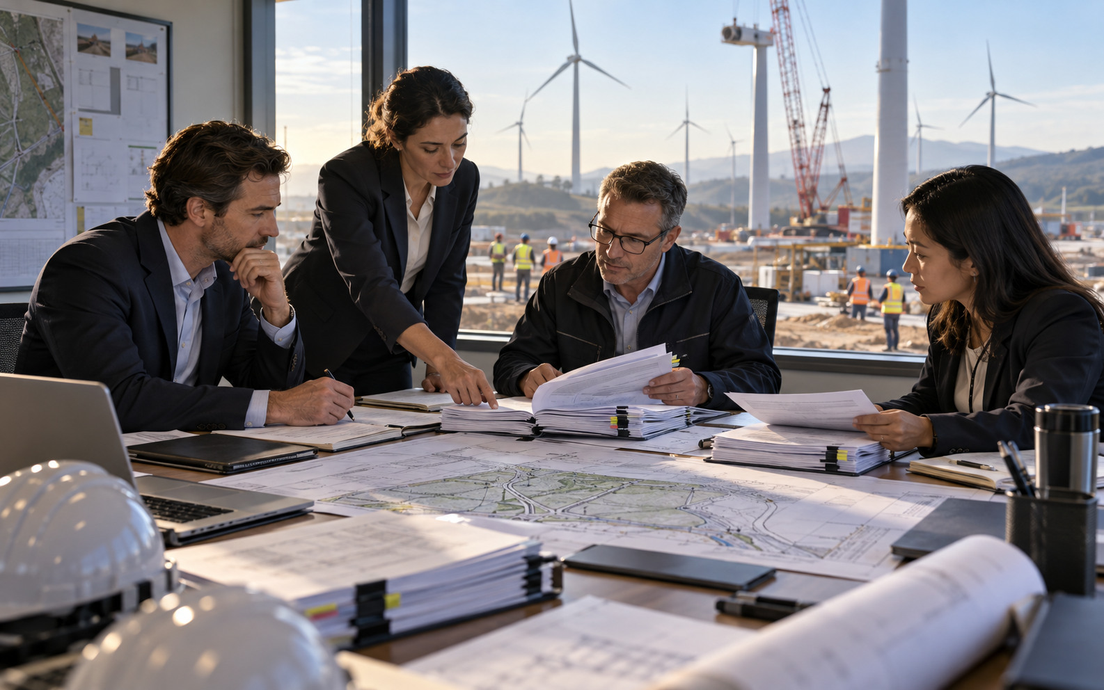 Institutional representatives reviewing milestone documents at a renewable energy project
